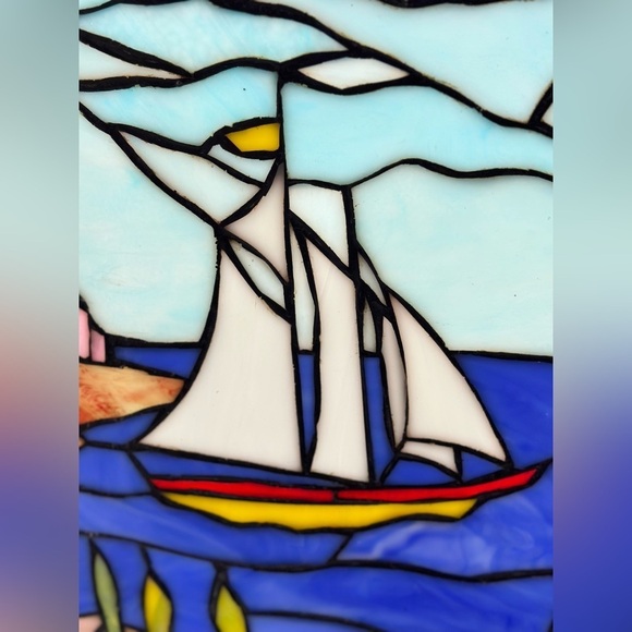 Hanging Rectangle Stained Glass Sailboat Lighthouse Nautical Harbor Scene 16x12” - Picture 7 of 11